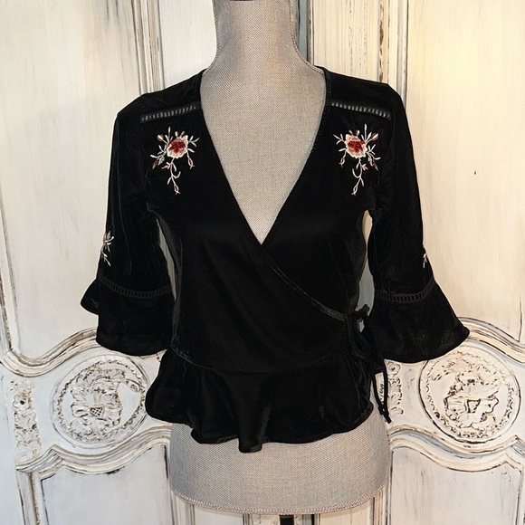 Topshop Gothic Fairycore Victorian Edwardian Black Velvet Embroidered Wrap Top - Picture 1 of 12
